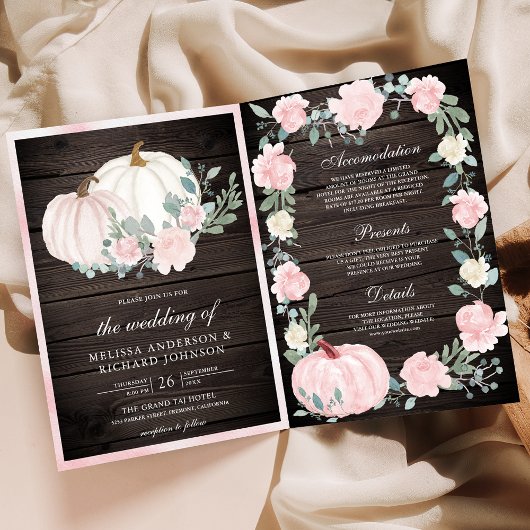 Invitation Code QR Citrouille Florale Rose Fardé Mariage en B