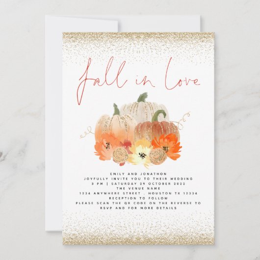 Invitation Code QR Citrouilles Paillettes Dorées Coup de Foud (Devant)