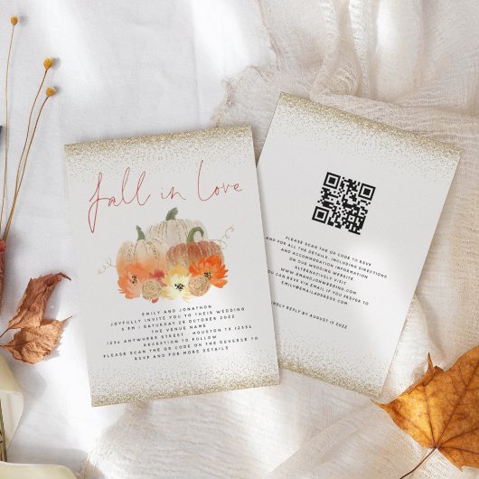 Invitation Code QR Citrouilles Paillettes Dorées Mariage Coup