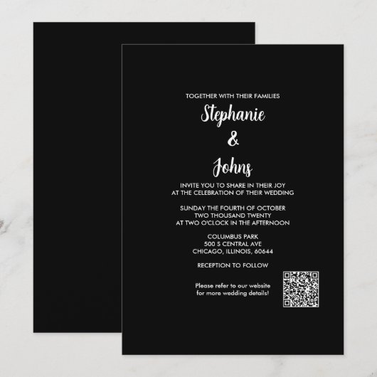 Invitation Code QR Classique Noir Blanc Script 2024 Mariage (Devant / Derrière)
