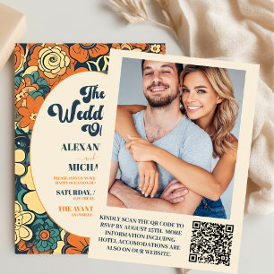 Invitation Code QR Coloré Mariage Floral Rétro Groovy 70s