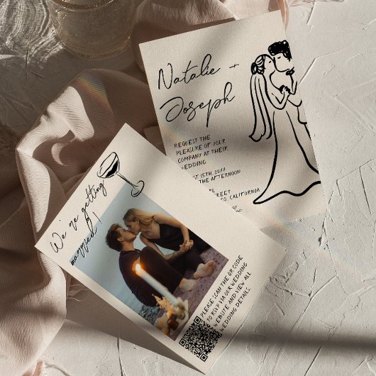 Invitation Code QR Couple Photo Mariage Dessiné à la Main