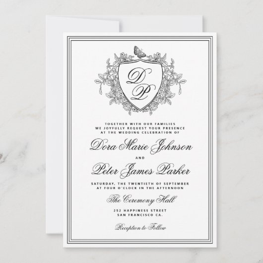 Invitation Code QR crête monogramme classique noir blanc mari (Devant)