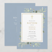 Invitation Code QR de baptême bleu poussiéreux de verdure (Devant / Derrière)