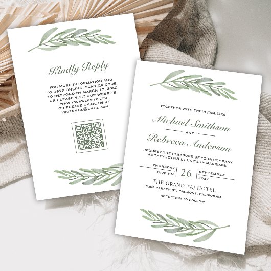 Invitation Code QR de branche de feuilles d'olive pour mariag