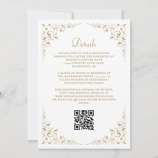 Invitation Code QR de cadre botanique de script doré (Dos)