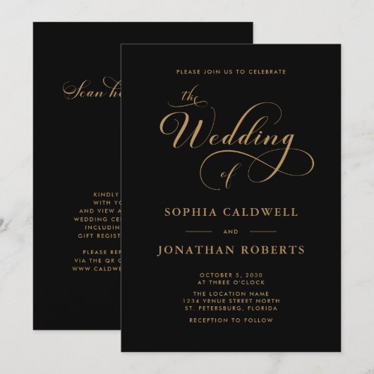 Invitation Code QR de calligraphie noir or mariage (Devant / Derrière)