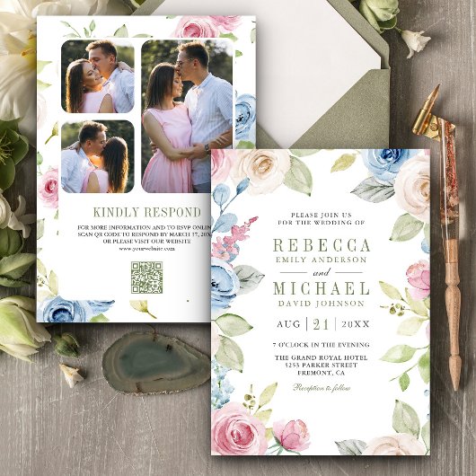 Invitation Code QR de Collage Photo Floral de Mariage de Prin