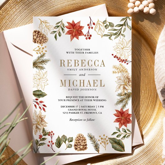Invitation Code QR de fleurs de Noël en or rouge pour mariage