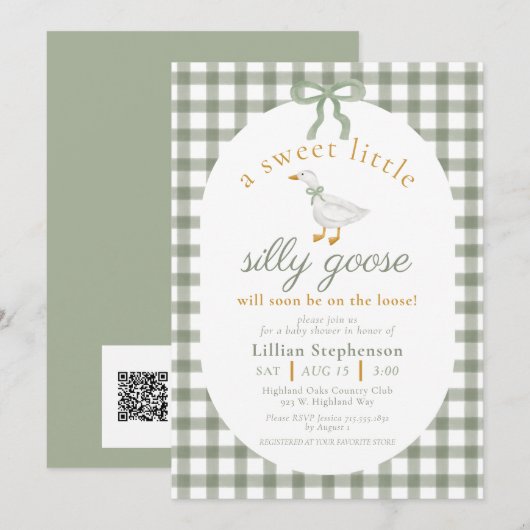 Invitation Code QR de la Baby Shower Silly Goose Green Gingha (Devant / Derrière)