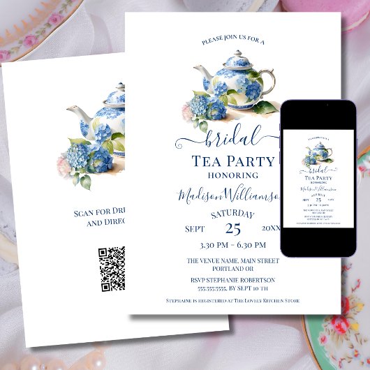 Invitation Code QR de la fête de thé de mariage aux hortensia