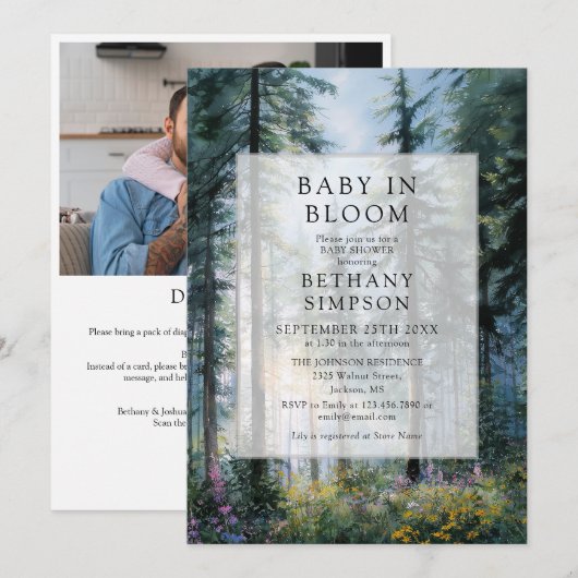 Invitation Code QR de la forêt Baby In Bloom pour la fête de (Devant / Derrière)