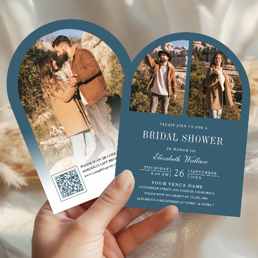 Invitation Code QR de la photo d'arche de mariage bleu poussi