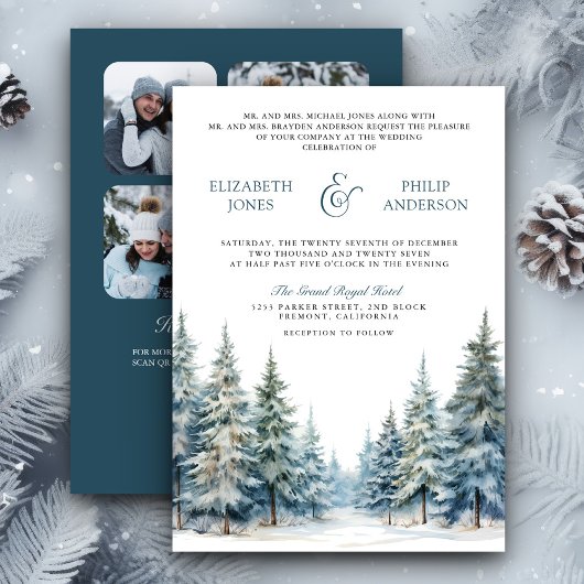 Invitation Code QR de la photo de la forêt de pins enneigés e