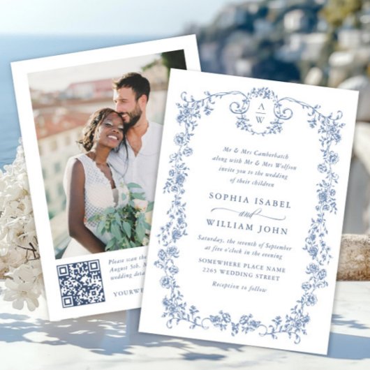 Invitation Code QR de l'Orné victorien Grace Blue Floral Mari