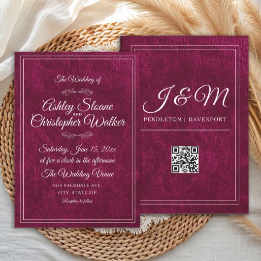 Invitation Code QR de luxe en velours bordeaux blanc monogram