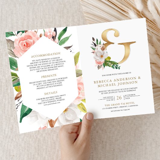 Invitation Code QR de mariage à fleurs rose blush et esperlue