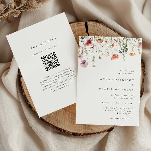 Invitation Code QR de mariage à la fantaisie de fleurs sauvag
