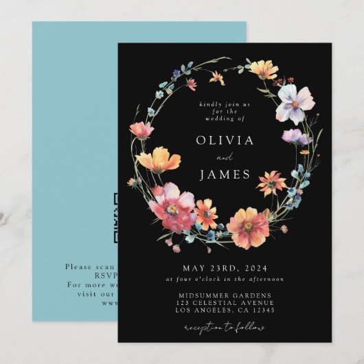 Invitation Code QR de mariage à la Fleur sauvage noire (Devant / Derrière)
