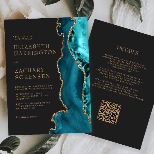 Invitation Code QR de mariage à l'agate bleu sarcelle or