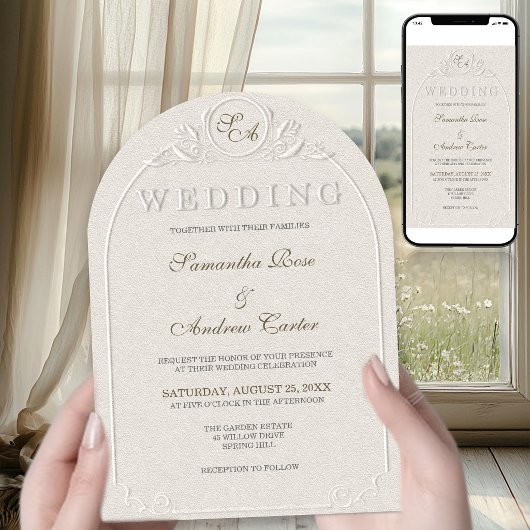 Invitation Code QR de mariage à l'arche de monogramme en ivoi