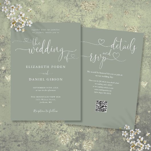 Invitation Code QR de mariage à l'écriture cursive vert sauge