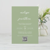 Invitation Code QR de mariage à l'écriture photo vert sauge c (Debout devant)