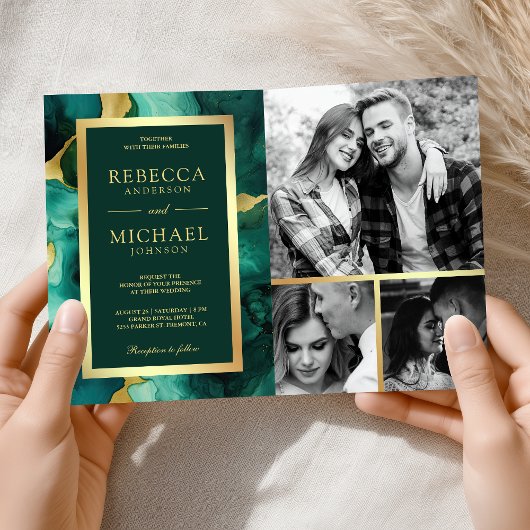 Invitation Code QR de mariage à l'encre verte émeraude dorée