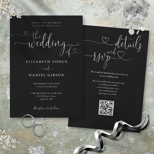 Invitation Code QR de mariage à script de coeur noir et blanc