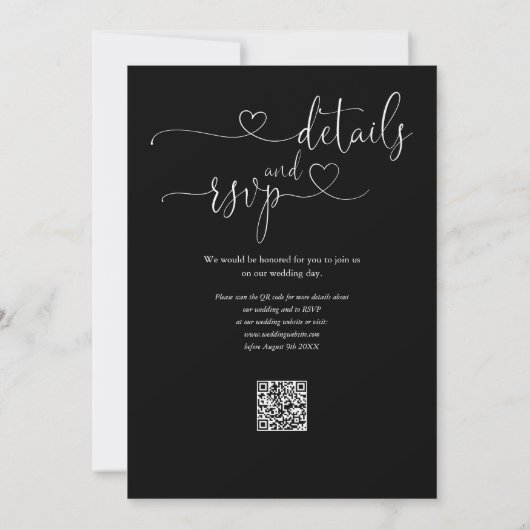Invitation Code QR de mariage à script de coeur noir et blanc (Dos)