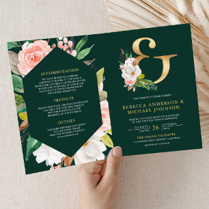 Invitation Code QR de mariage Ampersand émeraude floral rose