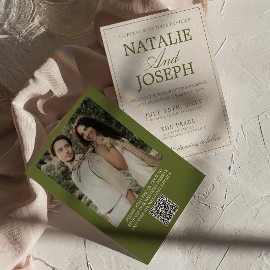 Invitation Code QR de mariage argent ancien vert olive élégan