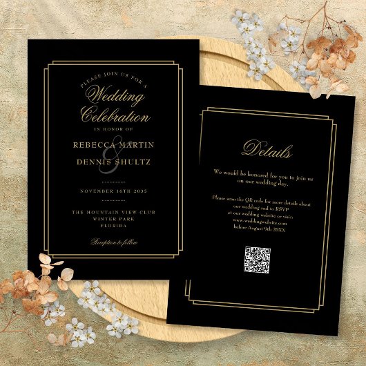 Invitation Code QR de mariage Art Déco noir et or
