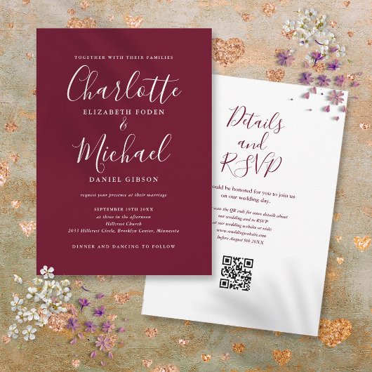 Invitation Code QR de mariage au vin de Bourgogne écriture él