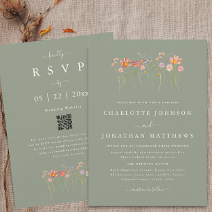 Invitation Code QR de mariage automnal aux fleurs sauvages, v