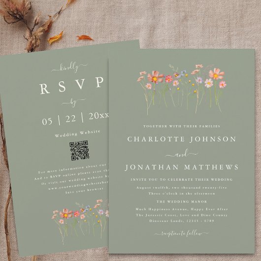 Invitation Code QR de mariage automnal aux fleurs sauvages, v