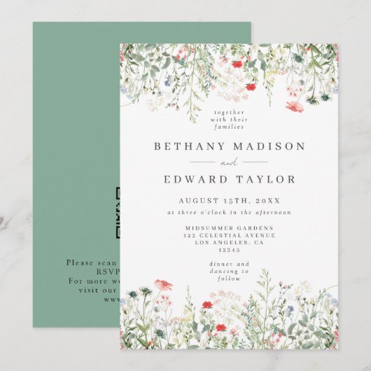 Invitation Code QR de mariage aux fleurs sauvages (Devant / Derrière)