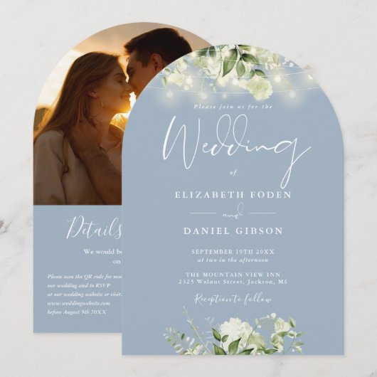 Invitation Code QR de mariage avec arche de photos en bleu po (Devant / Derrière)