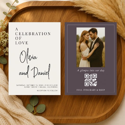 Invitation Code QR de mariage avec écriture violette prune