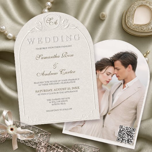 Invitation Code QR de mariage avec photo d'arche de monogramm