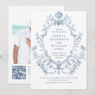 Invitation Code QR de mariage bleu poussiéreux floral orné vi