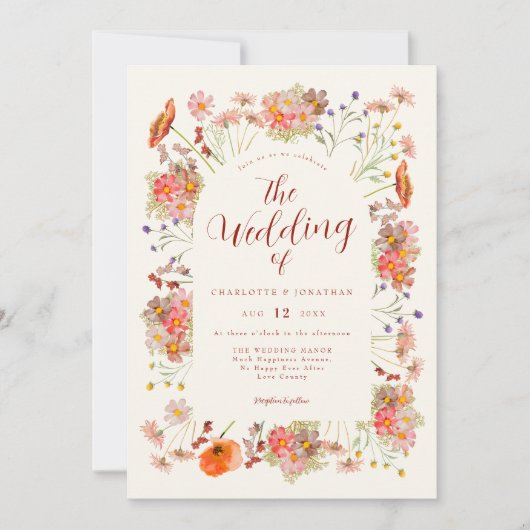 Invitation Code QR de mariage bohème aux fleurs sauvages (Devant)