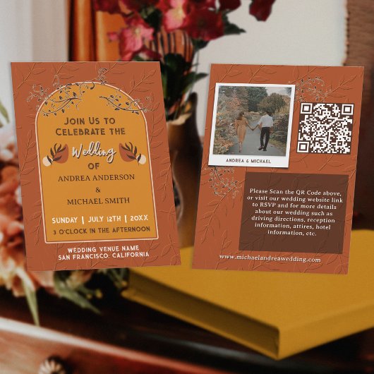 Invitation Code QR de mariage Bohème Photo de Terre Cuite Vin