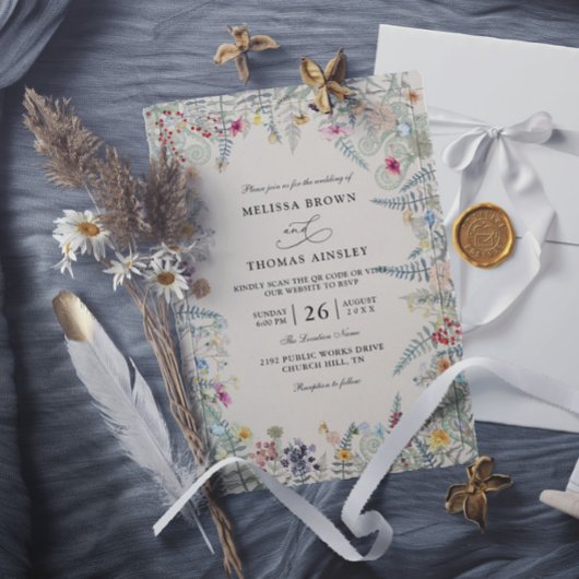 Invitation Code QR de mariage budget fougère fleurs sauvages 