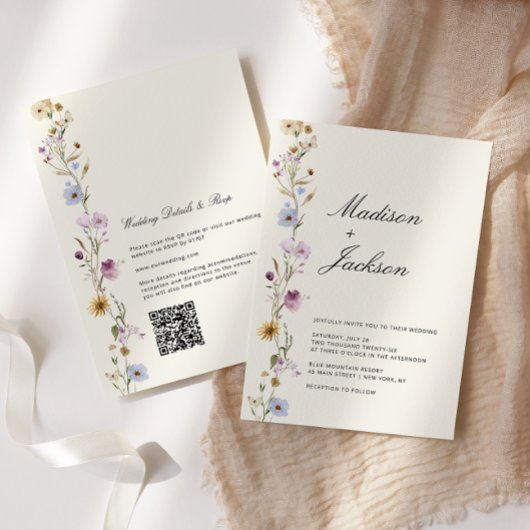 Invitation Code QR de mariage calligraphié de fleurs sauvages