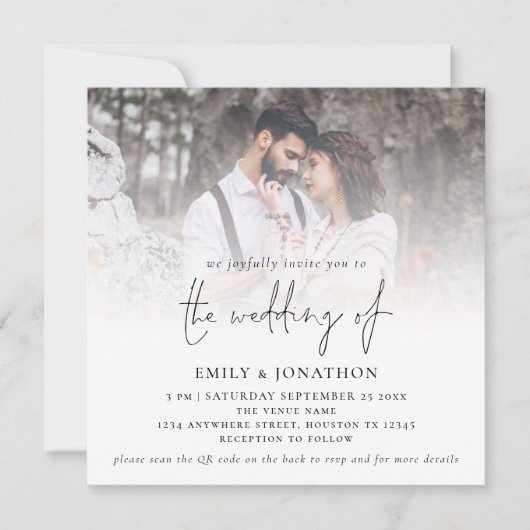Invitation Code QR de mariage carré photo écriture moderne (Devant)