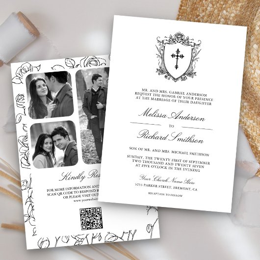 Invitation Code QR de mariage catholique noir et blanc victor