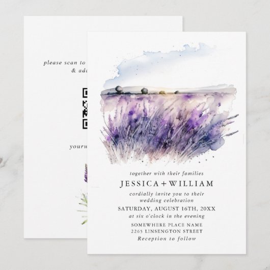 Invitation Code QR de mariage champ de fleurs de lavande à l' (Devant / Derrière)