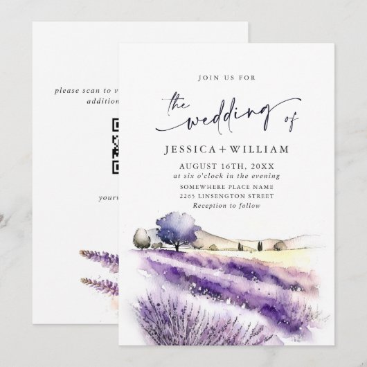 Invitation Code QR de mariage champ de lavande violette aquar (Devant / Derrière)
