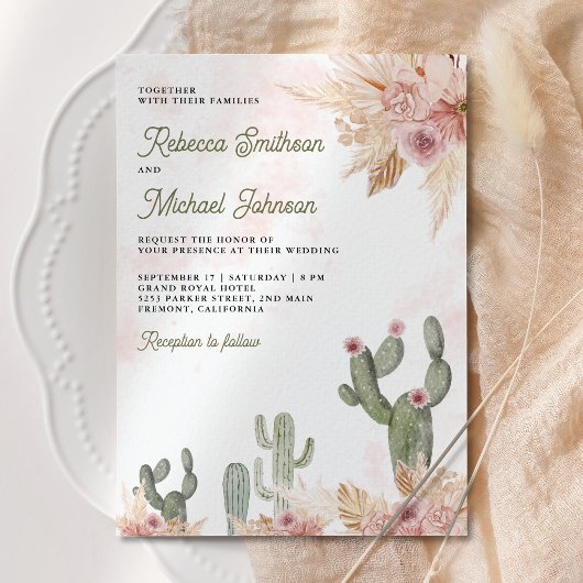 Invitation Code QR de mariage de cactus de Pampas à fleurs ro